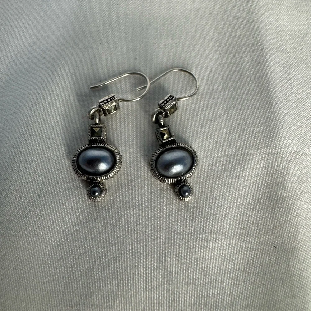 Artisan Pearl Drop Handmade Sterling Silver Earrings Modern Vintage Signed LC